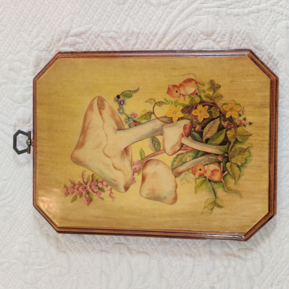 Mushrooms & Mice in Garden on Lacquered Beveled Vintage Plaque